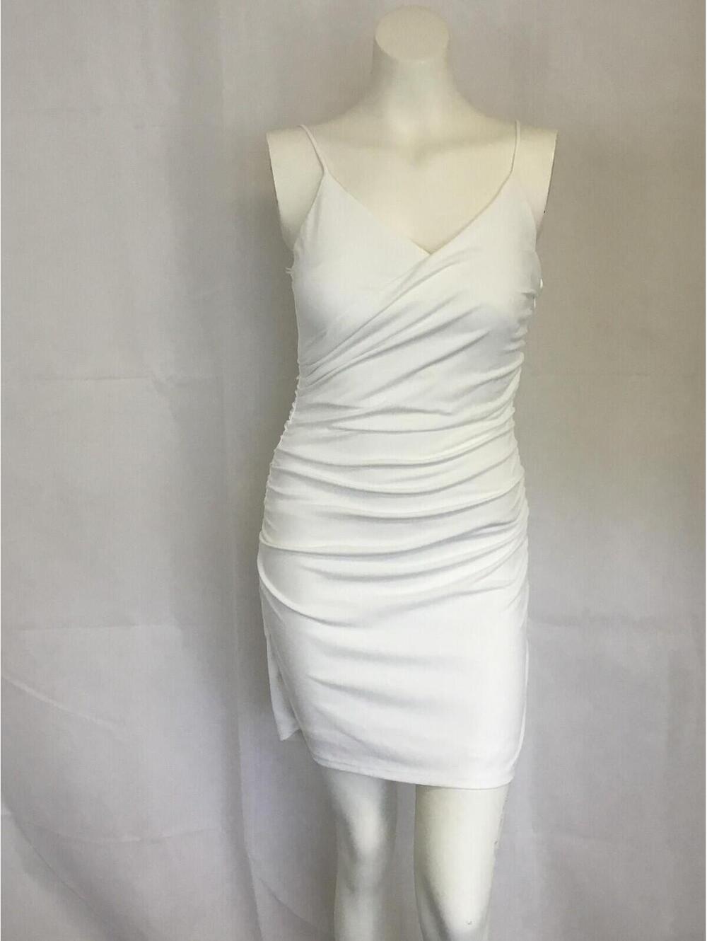 [350]Zara Dress Womens M White Ruched Bodycon V Neck Sleeveless Short Mini Party